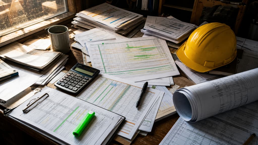 A contractor's desk covered with printed cost breakdowns, a tape measure and site drawings
