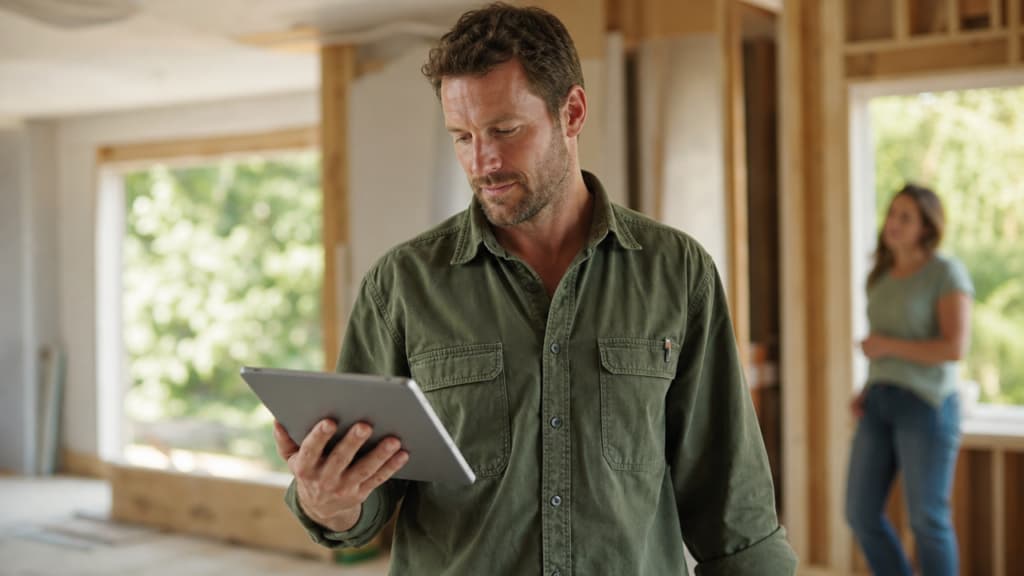 A contractor reviewing a finished quote on a tablet at a job site
